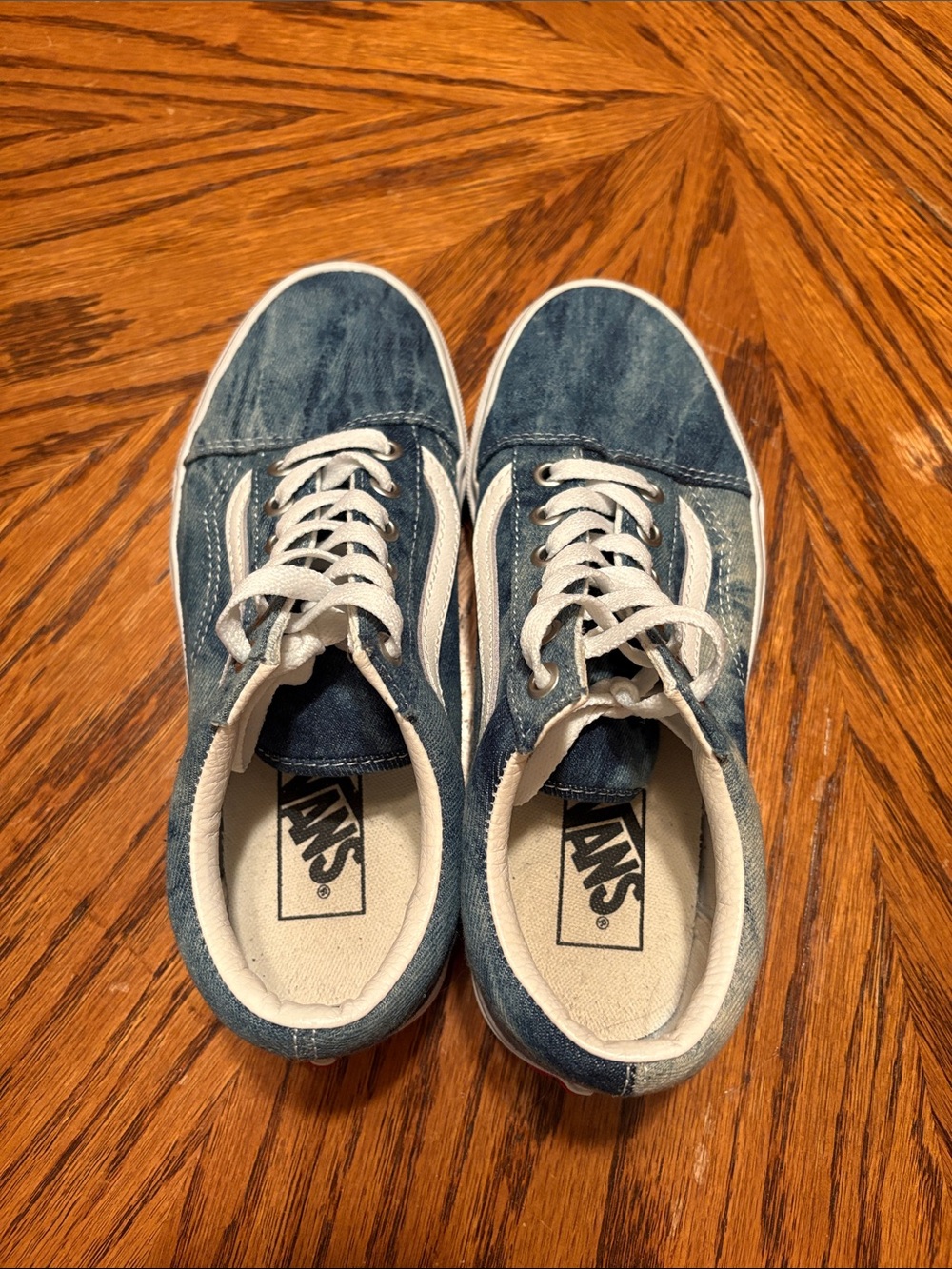 Vans Blue Washed Canvas Sneakers with White Stripe Womens Size 7 Gently Used